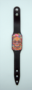 Brown Leather Day of the Dead Bracelet with Multi Colored Face